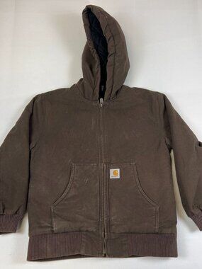 Carhartt Boys M 10-12 Brown Duck Canvas Quilted Flannel Lined Hooded Jacket
